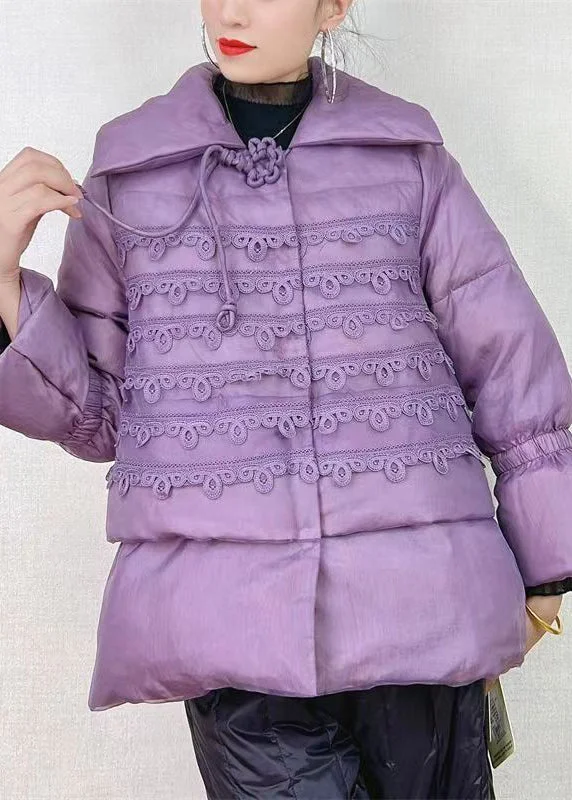 Vintage Clothing For Women Chic Purple Peter Pan Collar Button Patchwork Duck Down Coat Winter