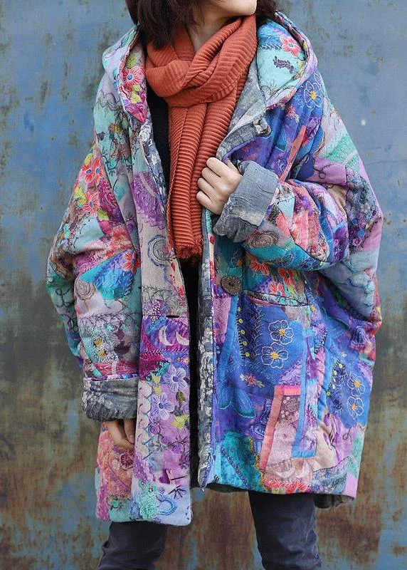 Fashion Sale Live Now – Upgrade Your Style For Less 2024 Purple Prints Overcoat Oversized Warm Winter Coat Hooded Patchwork Overcoat