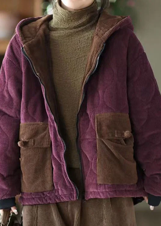 Women's Versatile Apparel Women Purple Hooded Pockets Corduroy Fleece Wool Lined Jacket Winter