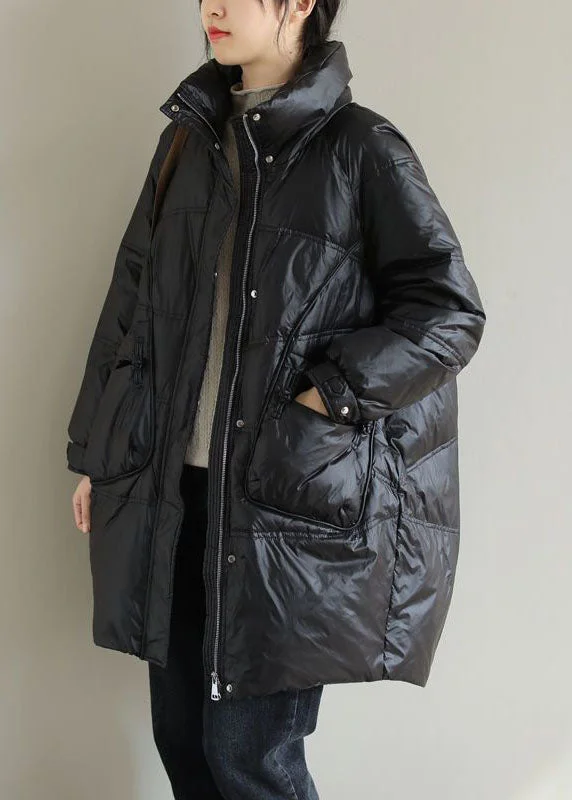 Women's Clothing For Special Occasions Black Thick Duck Down Down Coat Stand Collar Oversized Pockets Winter