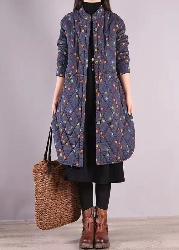 Women's Clothing Women Blue Stand Collar Pockets Patchwork Fine Cotton Filled Coat Winter