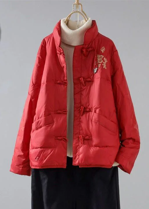 Timeless Women's Apparel New Red Embroidered Pockets Cotton Filled Parka Winter