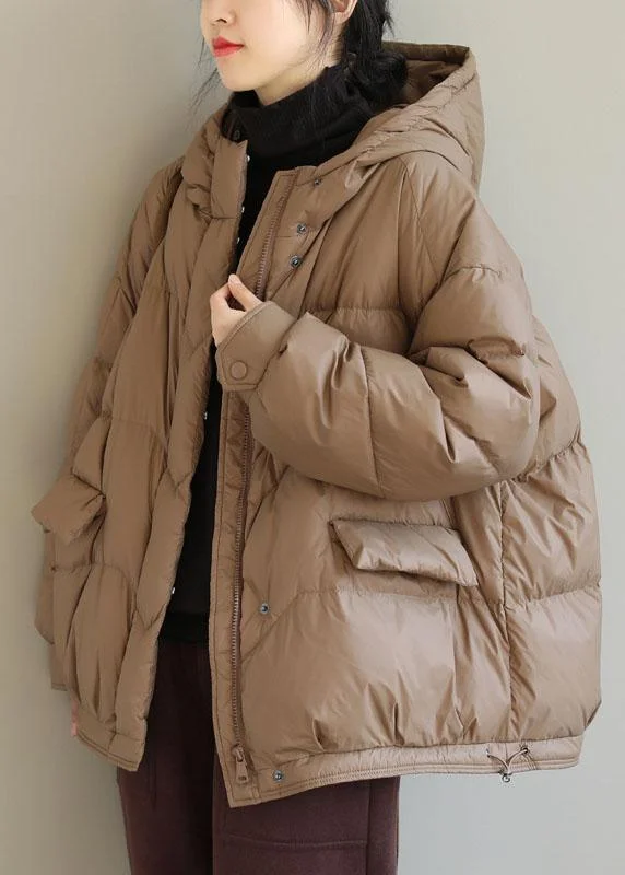 Women's Sporty Chic Clothes Fashion Khaki Hooded Zippered Pockets Winter Down Coat Long sleeve