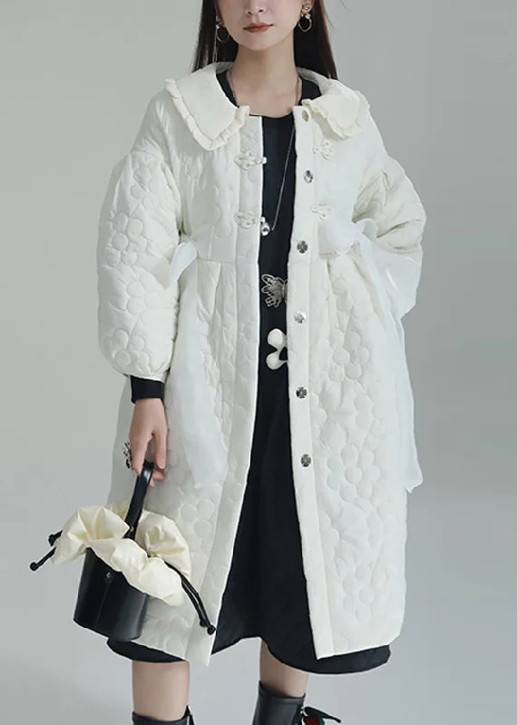 Women's Floral Print Outfit Chic White Peter Pan Collar Pockets Fine Cotton Filled Witner Coat