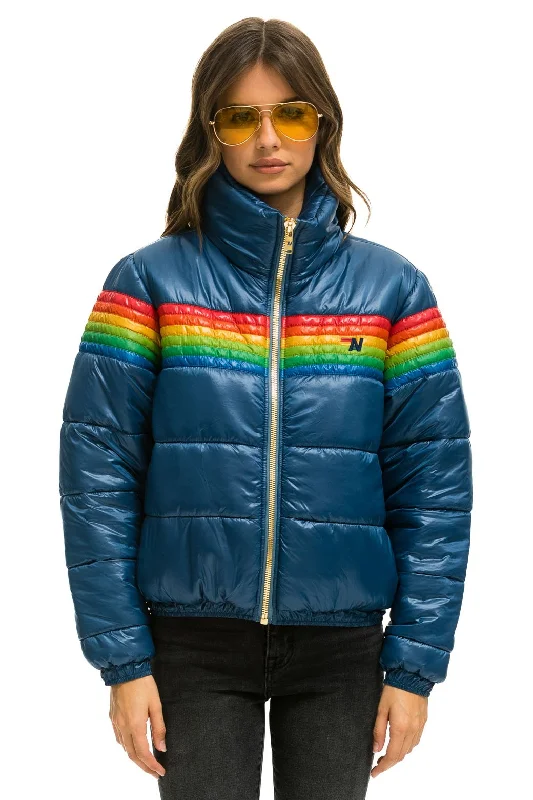 Women's Comfortable Apparel 6 STRIPE LUXE APRES PUFFER JACKET - GLOSSY DEEP BLUE