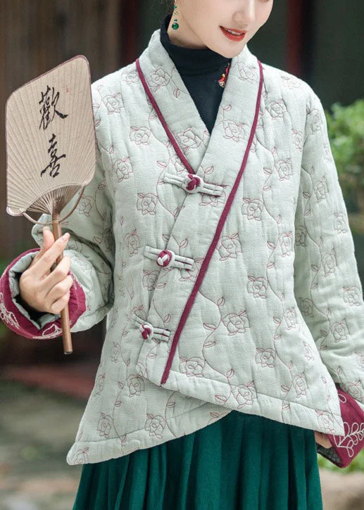 Limited-Time Clothing Sale – Grab Your Favorites Today Art Light Green Embroidered Oriental Button Fine Cotton Filled Coats Winter