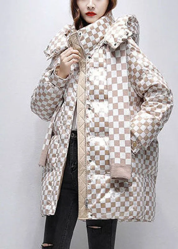 Vintage-Inspired Garments French Khaki Plaid Hooded Thick Duck Down Down Jacket Winter