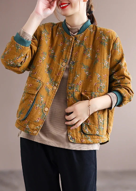 Women's Resort Garments Yellow Pockets Print Patchwork Fine Cotton Filled Jacket Winter