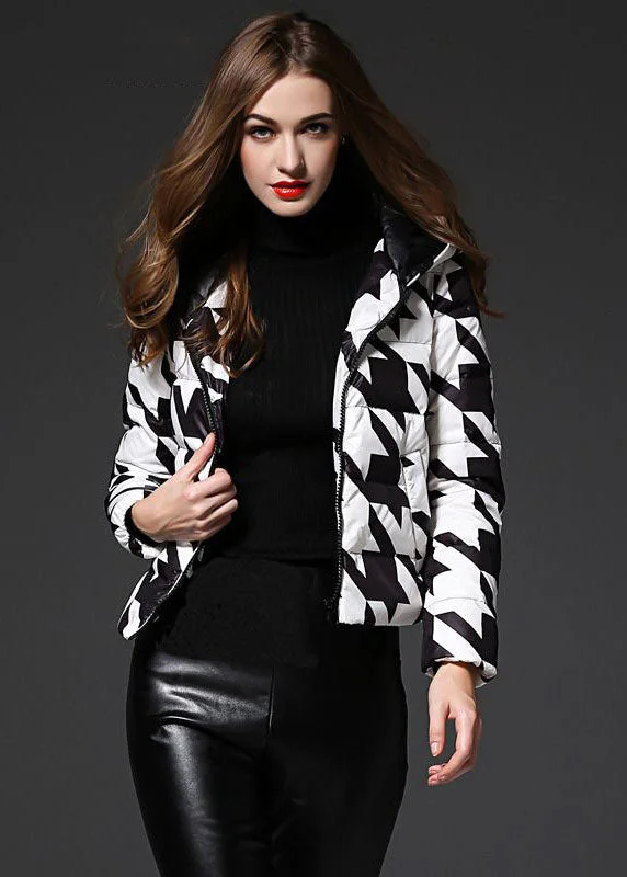 Women's Everyday Garments Fashion Black White Plaid Hooded Zippered Duck Down Puffer Jacket Winter