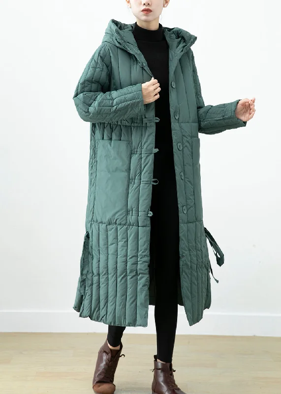 Women's Clothes For Work Events Elegant Green Hooded Pockets Fine Cotton Filled Long Coat Winter