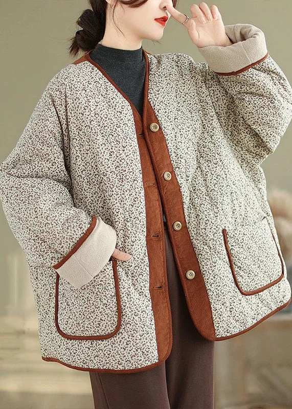 Women's Elegant Clothing Sets Loose Apricot Print Pockets Patchwork Warm Fleece Coat Winter