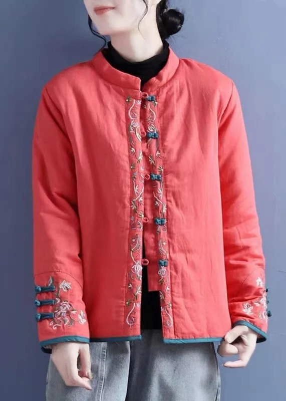 Women's Clothing Sets Vintage Orange Embroidered Button Cotton Filled Coats Winter