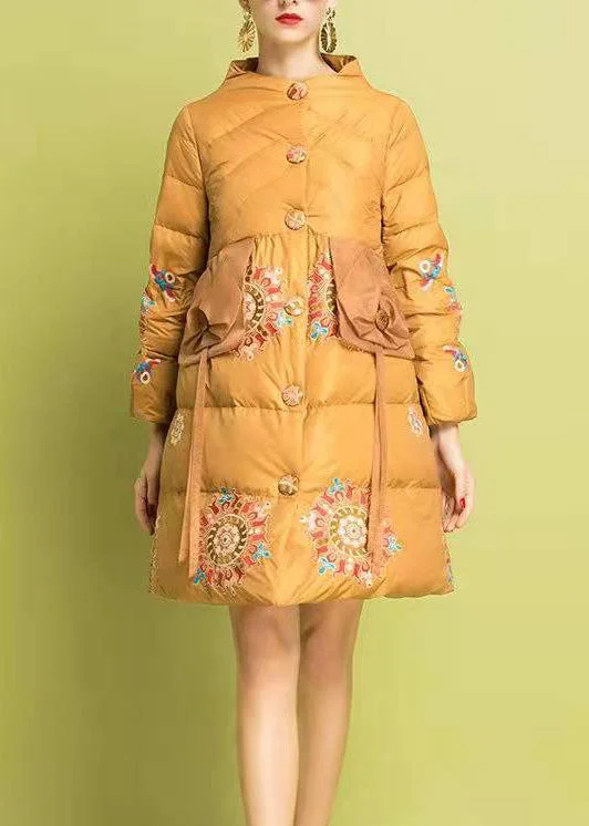 Stylish Women's Apparel Modern Yellow Embroidered Button Fine Cotton Filled Parka Winter