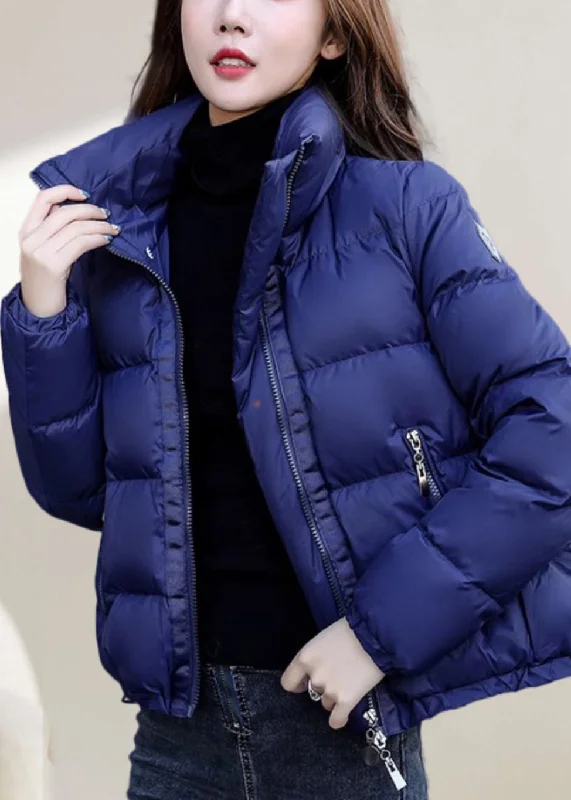 Women's Vacation Outfit Simple Blue Stand Collar Zip Up Solid Down Coat Winter