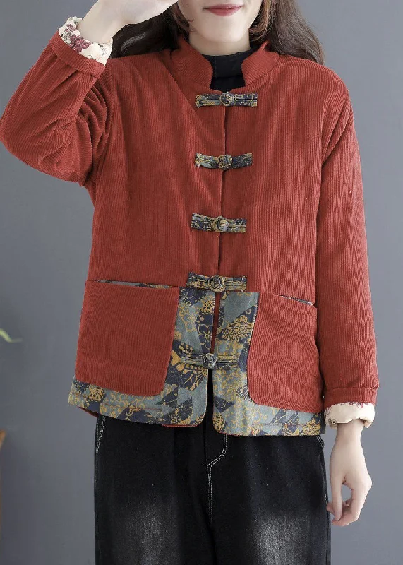 Women's Date Night Outfit Vintage Brick Red Thick Fleece Wool Lined Corduroy Jackets Winter