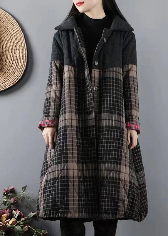 Women's Sporty Clothes Blackish Green Pockets Plaid Patchwork Fine Cotton Filled Coats Winter