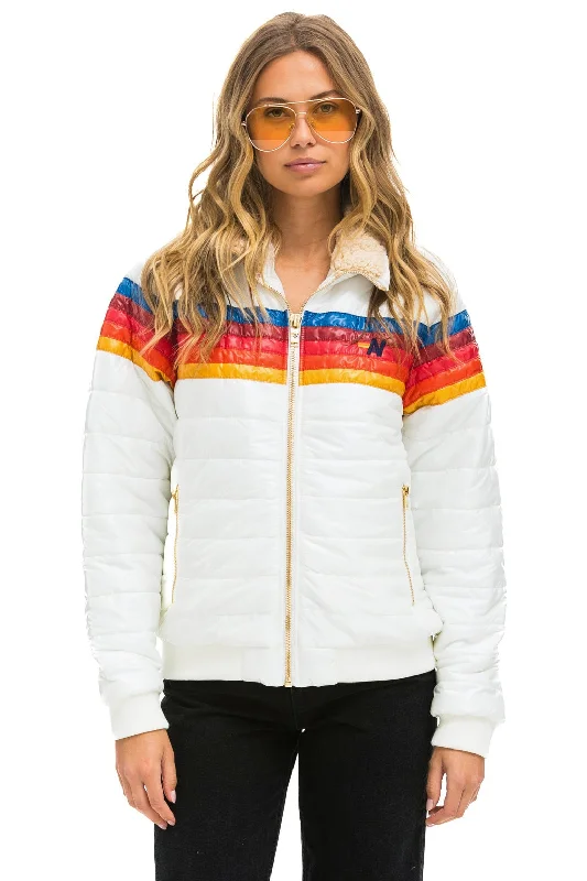 Women's Fashion-Forward Apparel 5 STRIPE RAINBOW SLEEVE JACKET -  WHITE GLOSSY