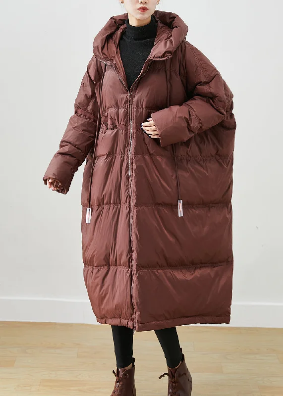 Women's Outdoor Activity Garments Chocolate Oversized Duck Down Jackets Hooded Drawstring Winter