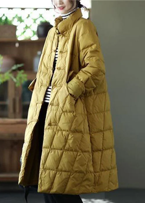 Comfortable Women's Clothes Beautiful Yellow Stand Collar Oriental Button Solid Duck Down Puffer Coat Winter