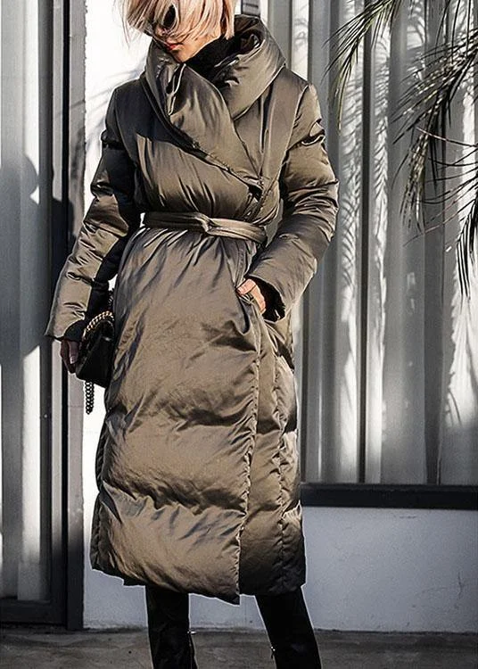 Women's Trendy Outfit Casual Green Loose Thick tie waist Winter Duck Down down coat