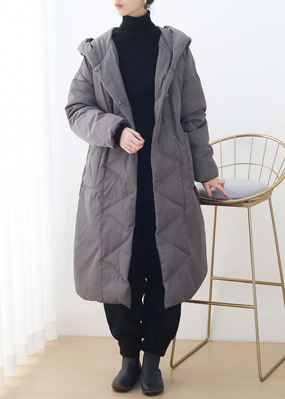 Plus-Size Women's Clothing Plus Size Grey Button Pockets Hooded Down Coat Long Sleeve