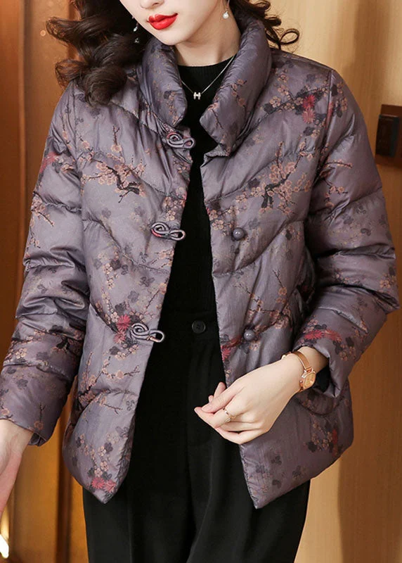 Women's Vintage-Inspired Clothing Purple Print Button Thick Parka Long Sleeve