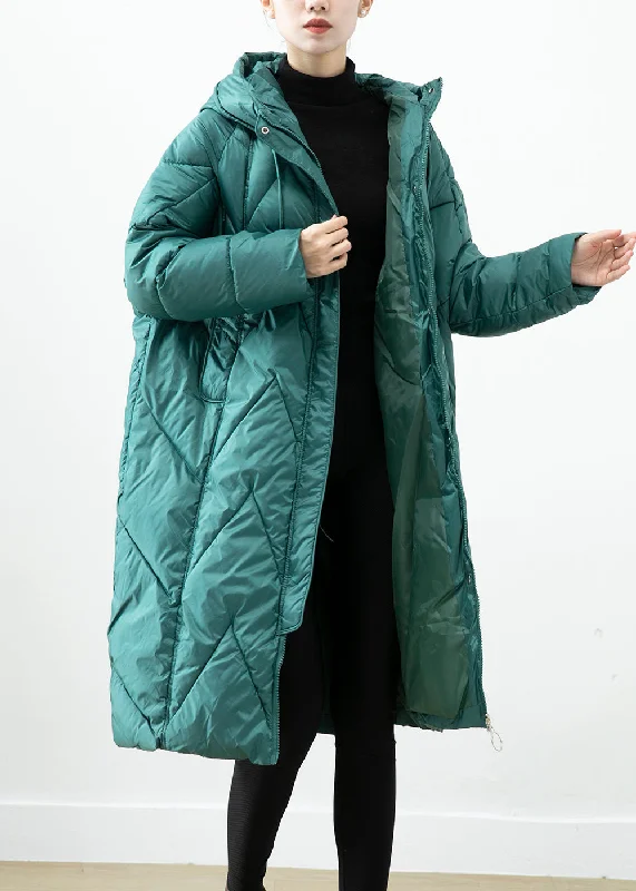 Stylish Outerwear Clothes For Women Plus Size Blackish Green Hooded Pockets Fine Cotton Filled Jacket In Winter