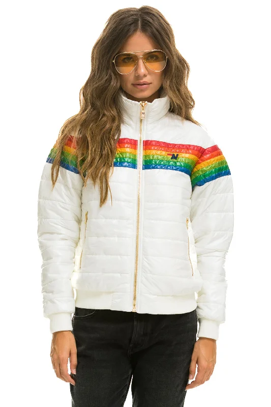 Women's Date Night Outfit 6 STRIPE RAINBOW SLEEVE JACKET -  GLOSSY WHITE