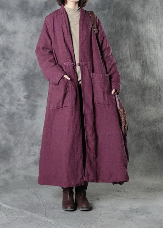 Women's Trendy Apparel Luxury Purple Linen Button Pockets Winter Cotton Parka Long Sleeve