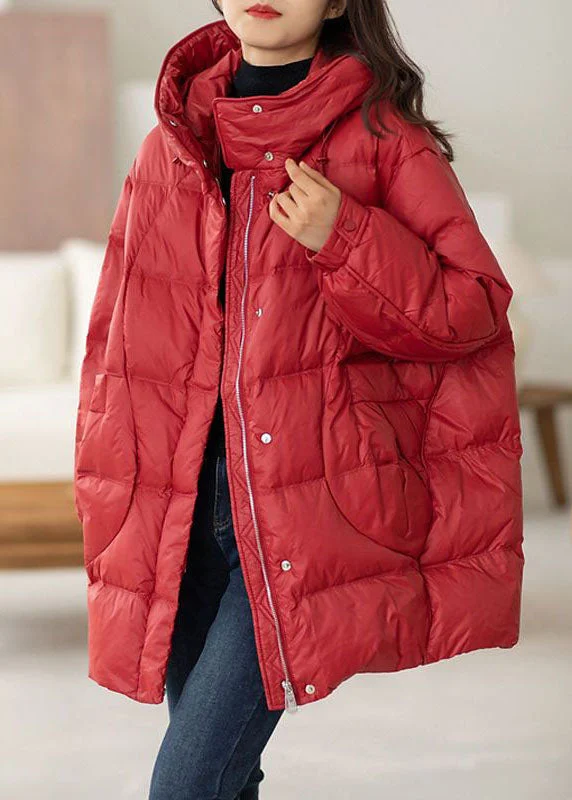 Stylish Outerwear Clothing For Women Classy Red Hooded Oversized Drawstring Duck Down Down Coat Winter