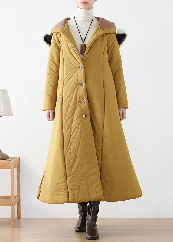 Women's Clothing With Trendy Designs Yellow Side Open Hooded Long Parka Winter