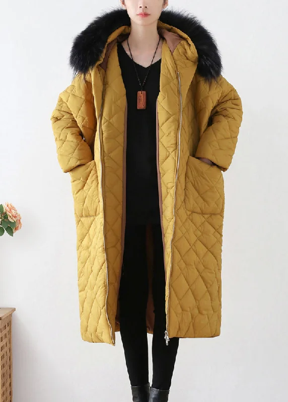 Elegant Clothing For Women Beautiful Yellow Zippered Warm Hooded Long Parka Winter