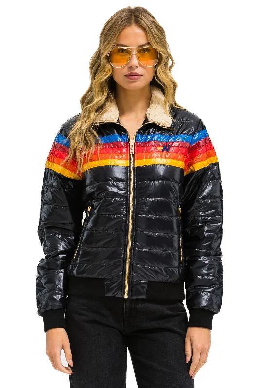 Women's Outerwear Apparel 5 STRIPE RAINBOW SLEEVE  JACKET - GLOSSY BLACK