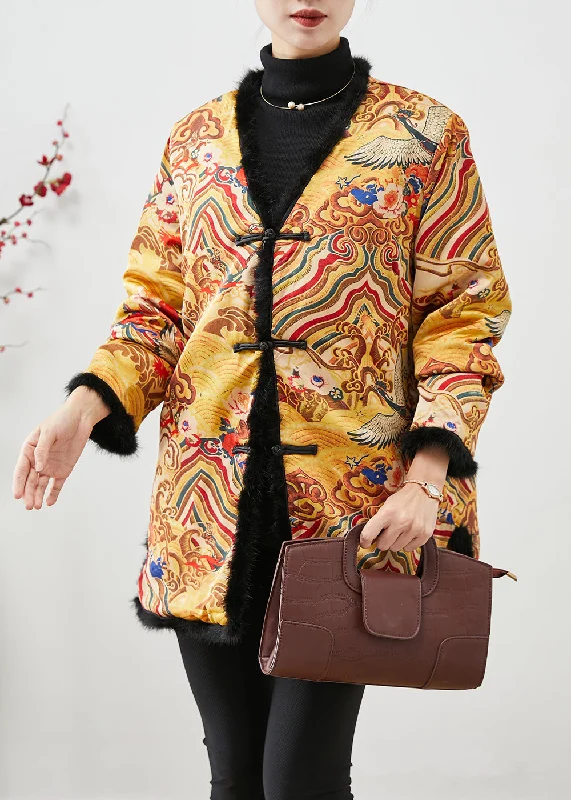 Big Discounts On Premium Fashion Collections Chinese Style Yellow Print Patchwork Mink Hair Fine Cotton Filled Coats Winter