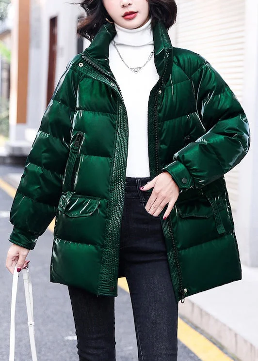 Women's Party Outfit Loose Green Zippered Pockets Duck Down Coats Winter