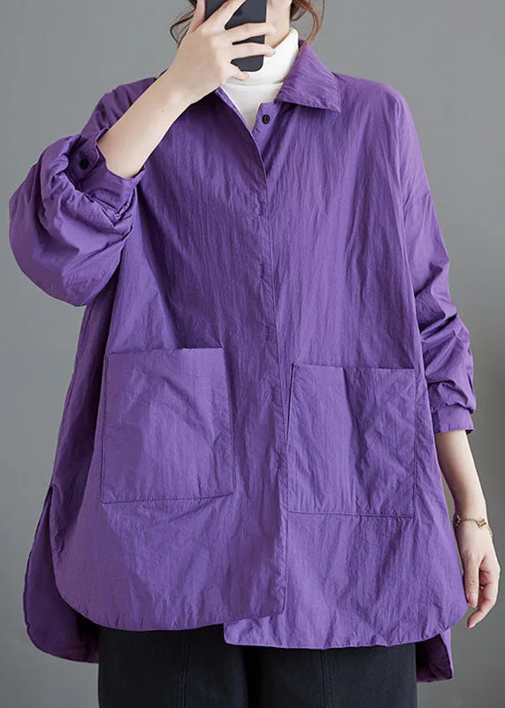 Women's Casual Wear Clothing Loose Purple Peter Pan Collar Pockets Patchwork Parkas Coats Long Sleeve