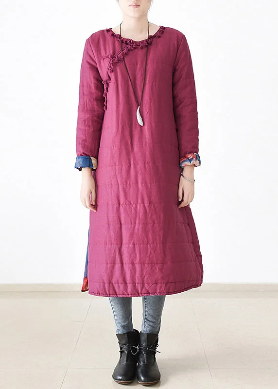 Women's High-End Clothing Chic Rose O-Neck Button Side Open Thick Linen Long Parka Witner