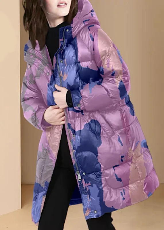 Stylish Outerwear Clothes For Women Style Purple Hooded Print Thick Duck Down Puffers Coats Winter