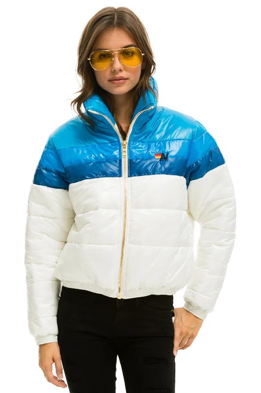 Stylish Women's Outerwear Apparel COLOR BLOCK LUXE APRES PUFFER JACKET -  GLOSSY WHITE DRESDEN