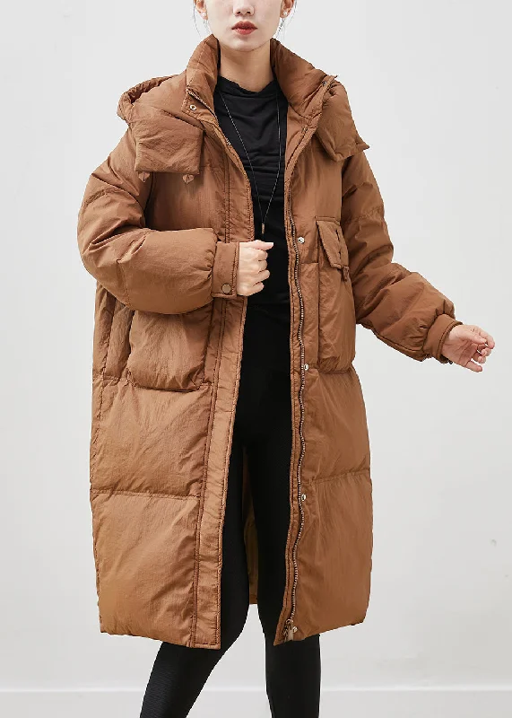 Women's Occasion Wear Apparel Coffee Warm Duck Down Puffer Jacket Hooded Pockets Winter