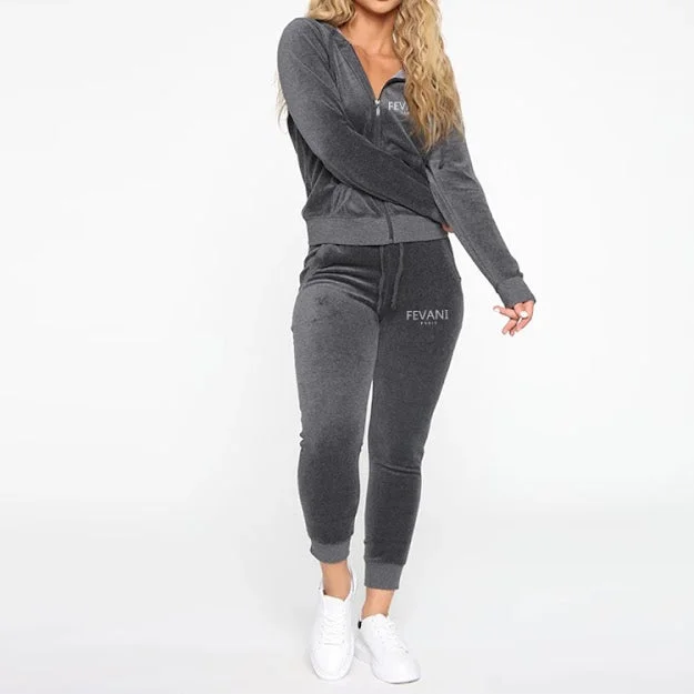 Affordable Women's Clothing Fevani Charcoal Grey Velour Set