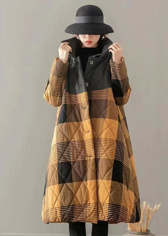 Women's Vacation Clothes Yellow Pockets Plaid Patchwork Fine Cotton Filled Coats Button Winter