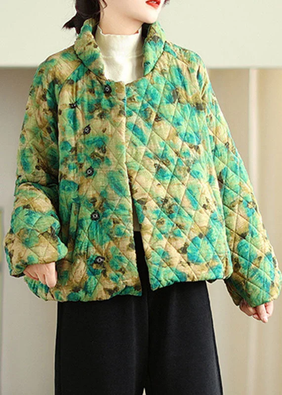 Luxury Women's Clothing Green Stand Collar Button Parka Long Sleeve