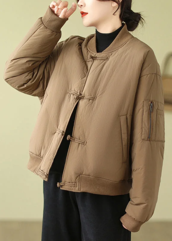 Women's Activewear Outfit Loose Khaki Button Pockets Cotton Filled Parka Long Sleeve