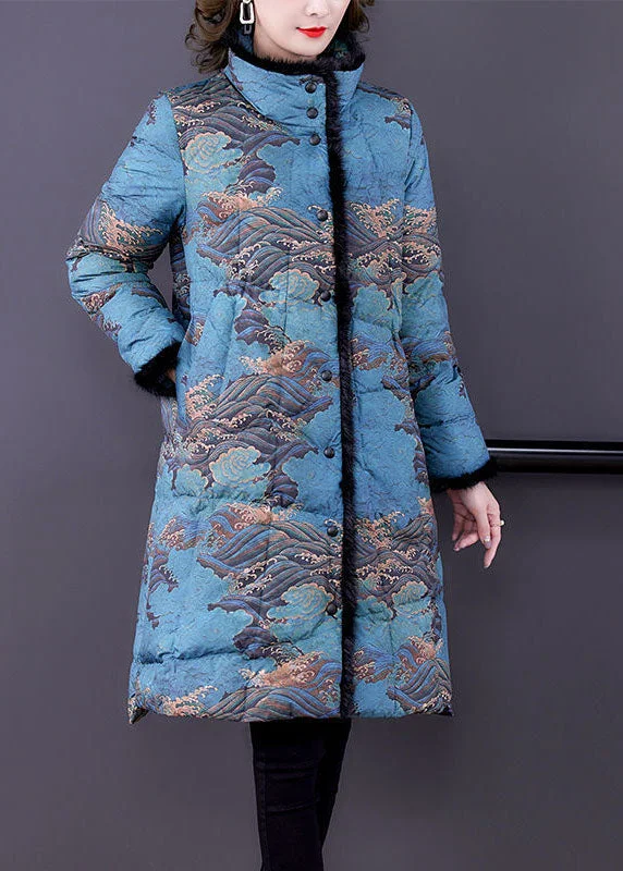 Women's Casual Outfit Fashion Blue Raccoon Hair Collar Print Fine Cotton Filled Puffer Coats Winter