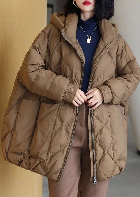 Women's Date Night Outfit Coffee Thick Duck Down Puffer Jacket Hooded Pockets Winter