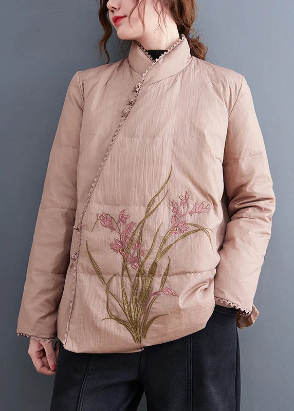 Women's Outerwear Garments Vintage Pink Stand Collar Embroideried Fine Cotton Filled Jackets Winter