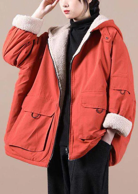 Women's Holiday Outfit Fashion Orange hooded zippered Pockets Loose Winter parkas Coat