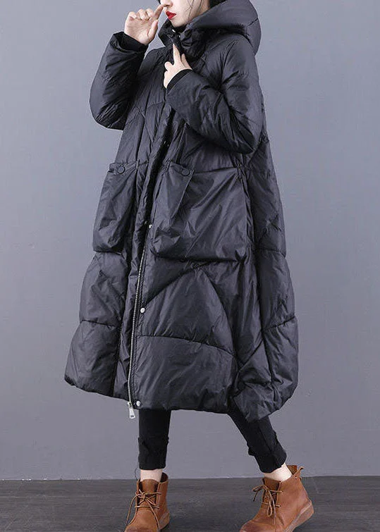 Women's Clothing For Casual Outings Loose Black Hooded Pockets Duck Down Winter down coat