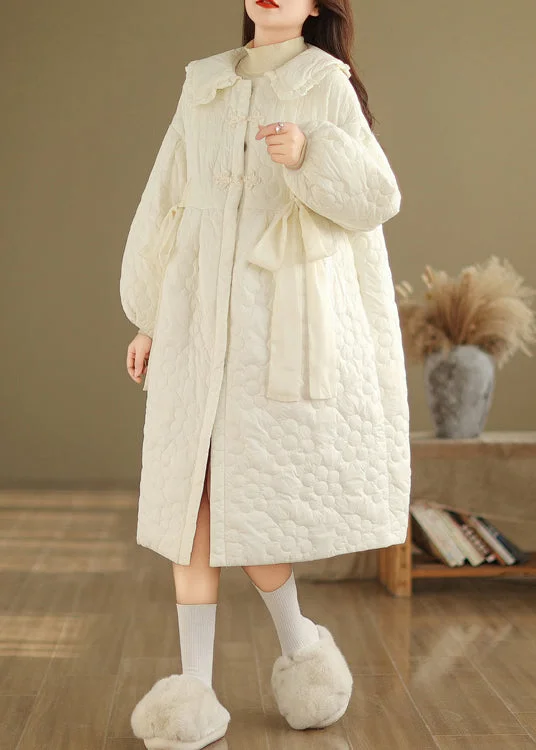 Women's Activewear Garments Cute Beige Peter Pan Collar Fine Cotton Filled Coat Lantern Sleeve